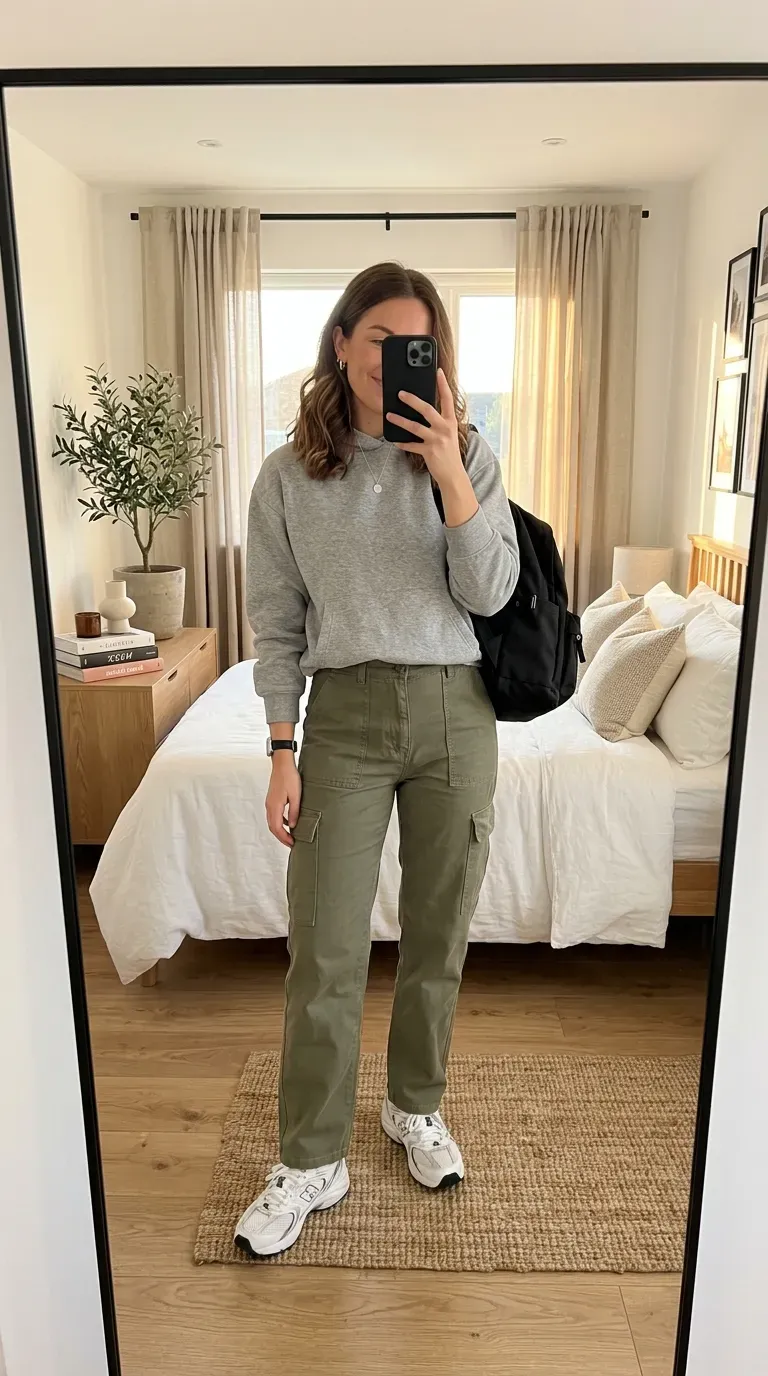 Student wearing a hoodie with cargo pants for a relaxed trendy fall school outfit.