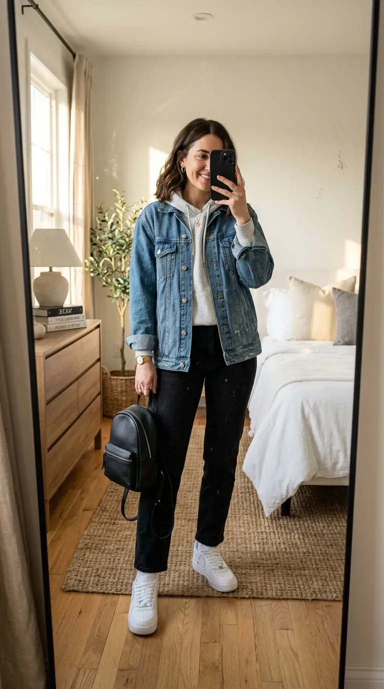 Student wearing a hoodie under denim jacket with jeans for a casual layered fall outfit.