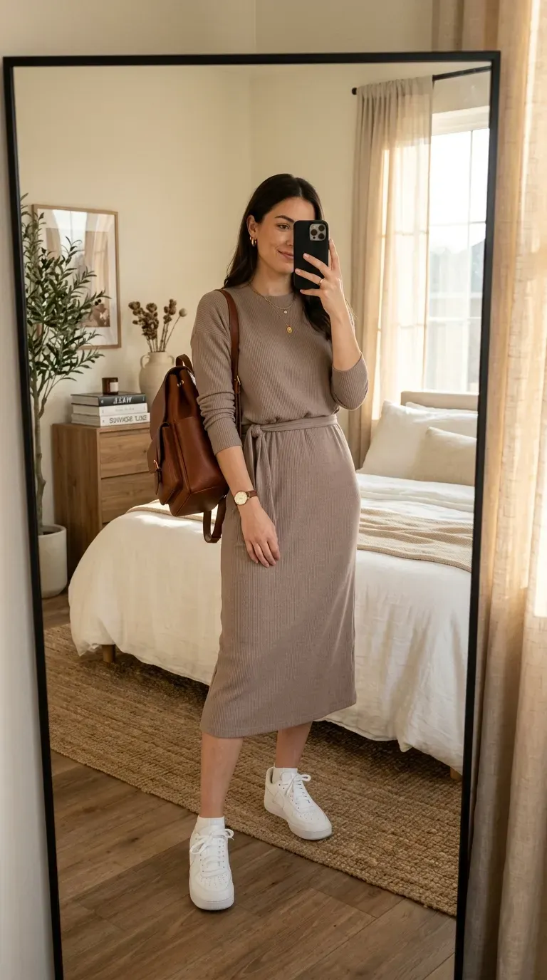 Student wearing a knit midi dress with sneakers for a comfortable stylish fall outfit.