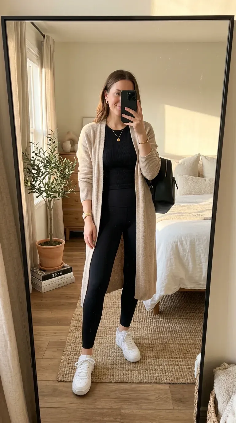 Student wearing a long cardigan with leggings for a cozy comfortable fall school outfit.