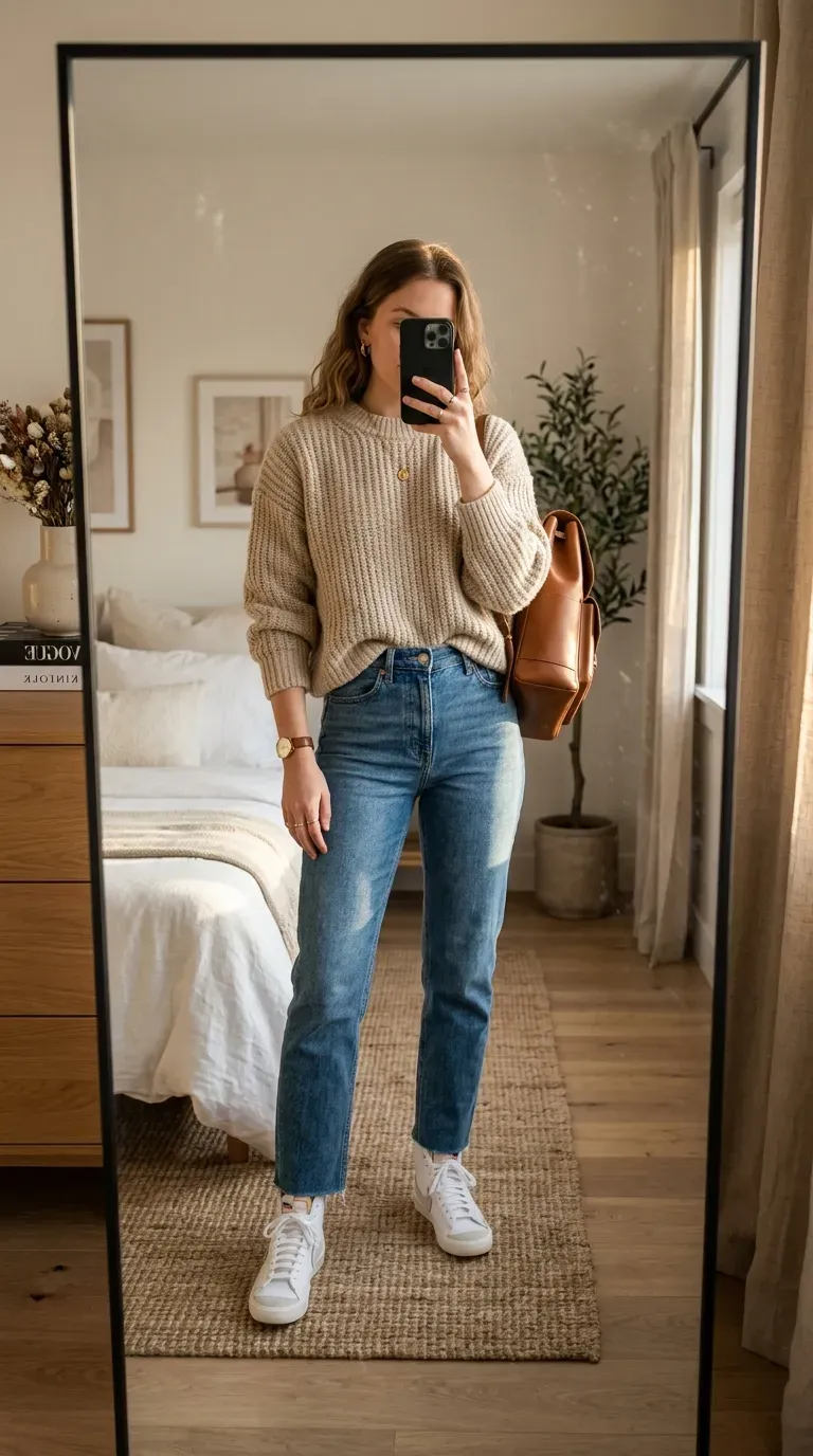 Student wearing an oversized sweater with straight-leg jeans for a cute fall school outfit.