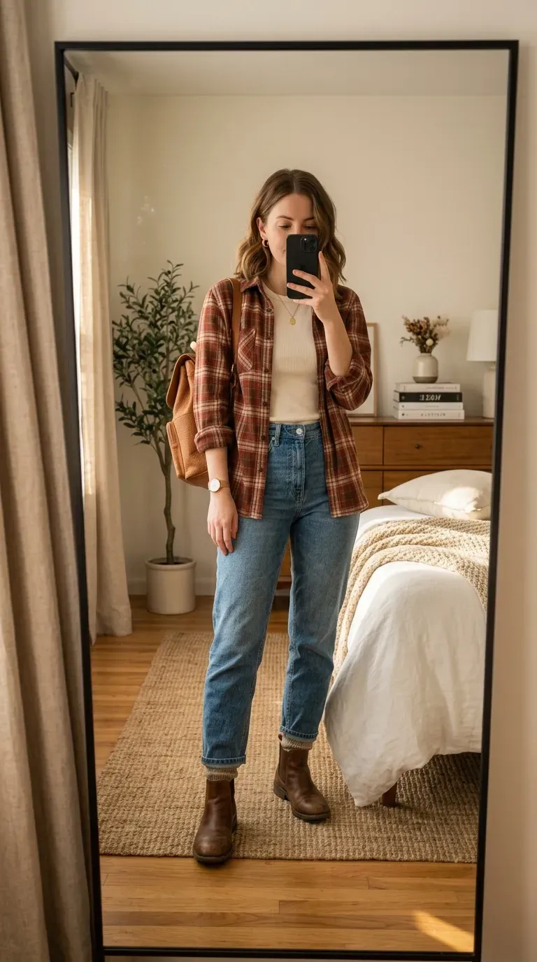 Student wearing a plaid shirt with mom jeans for a casual classic fall school outfit.