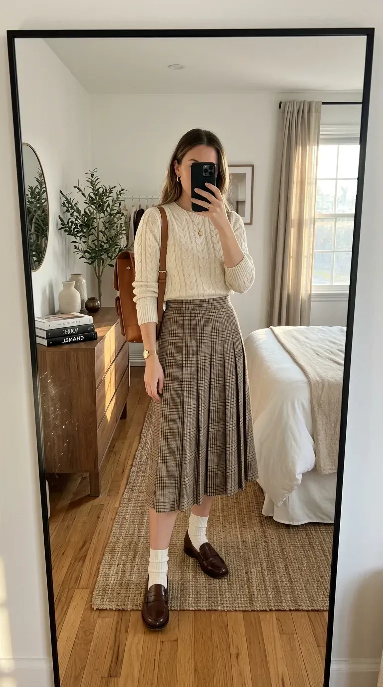 Student wearing a plaid skirt with knit sweater for a cute preppy fall school outfit.