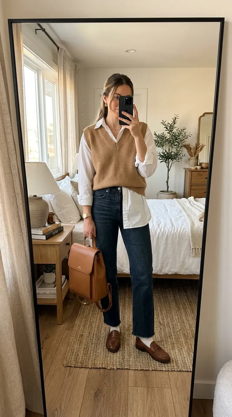 Student wearing a sweater vest over button-down shirt for a polished fall school outfit.