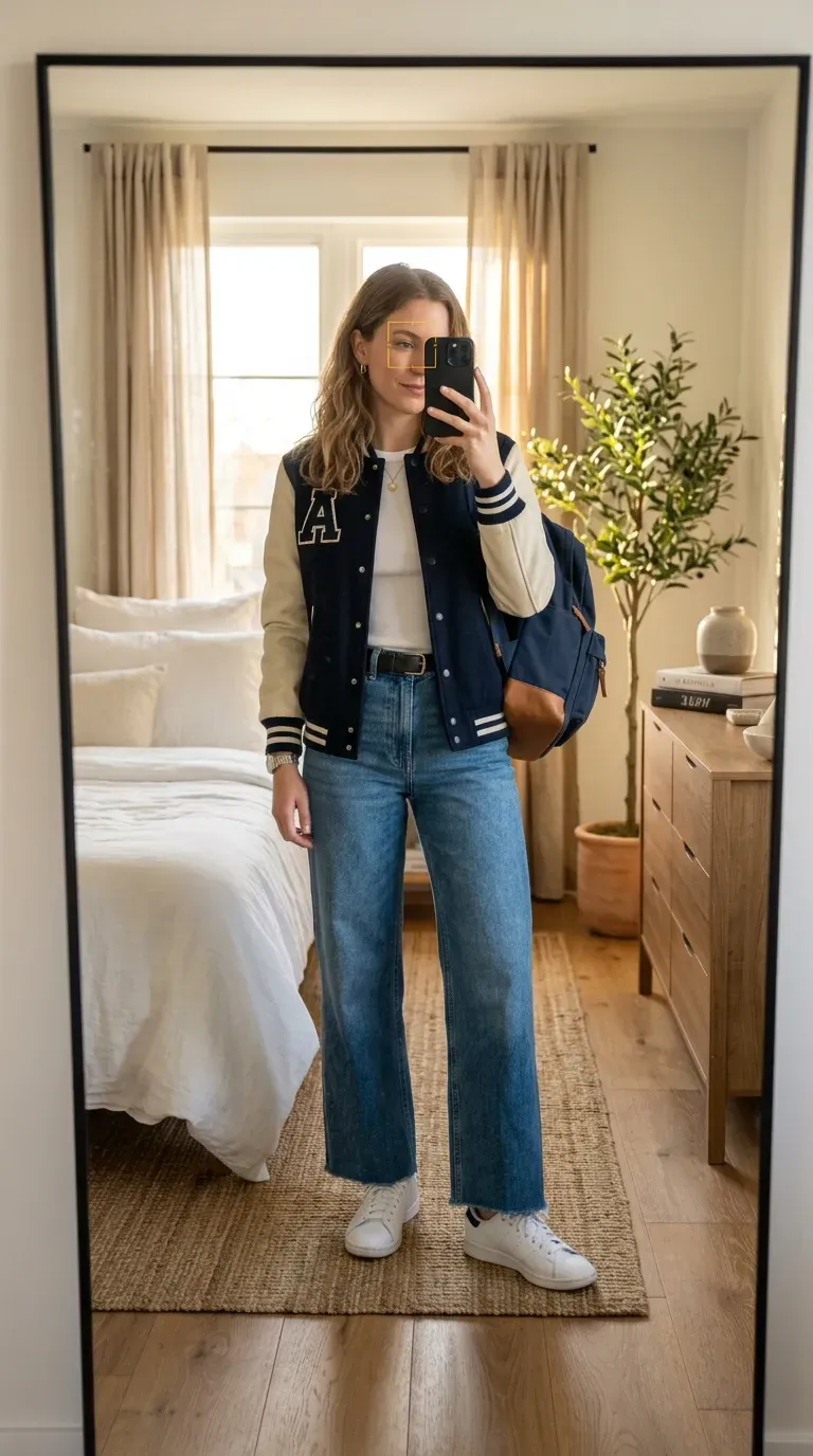 Student wearing a varsity-inspired jacket with wide-leg jeans for a trendy fall school outfit.