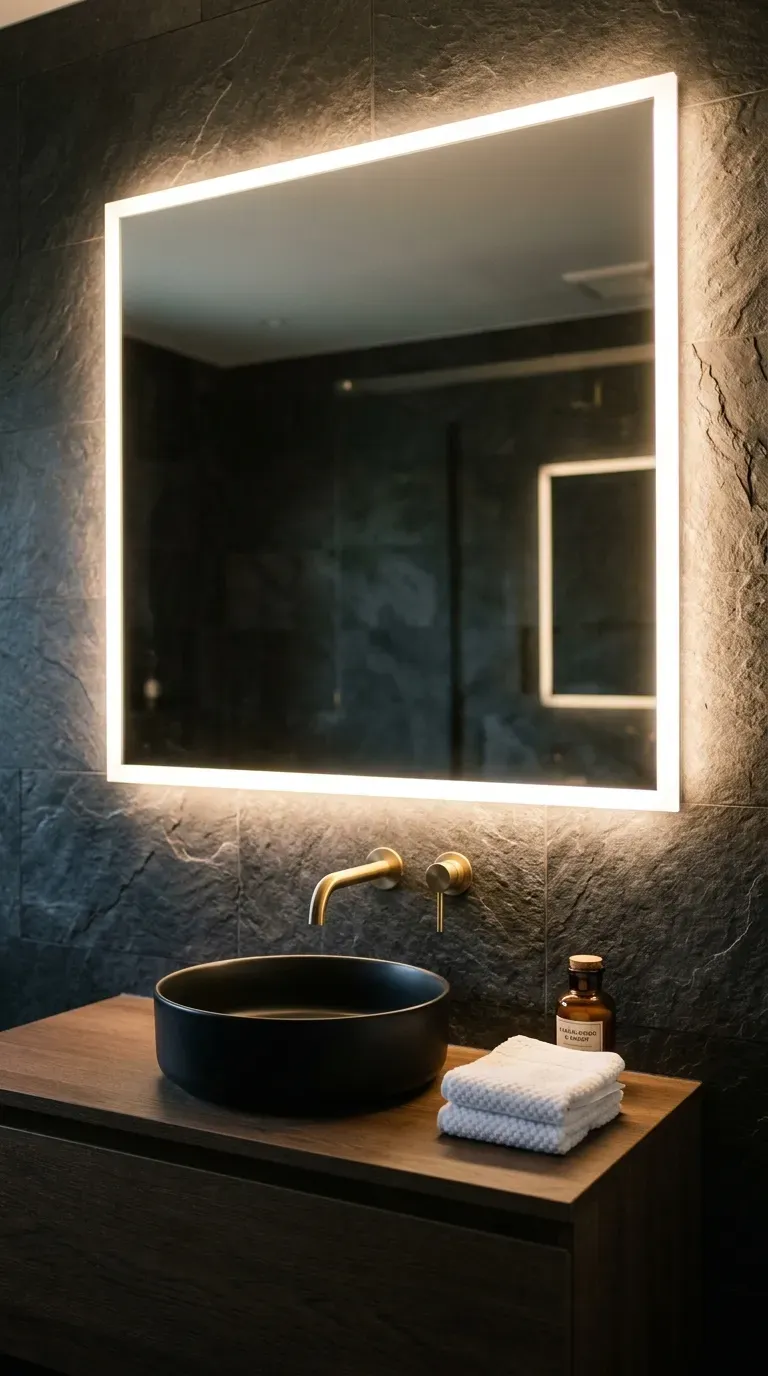 Large glowing backlit mirror in a dark modern bathroom vanity