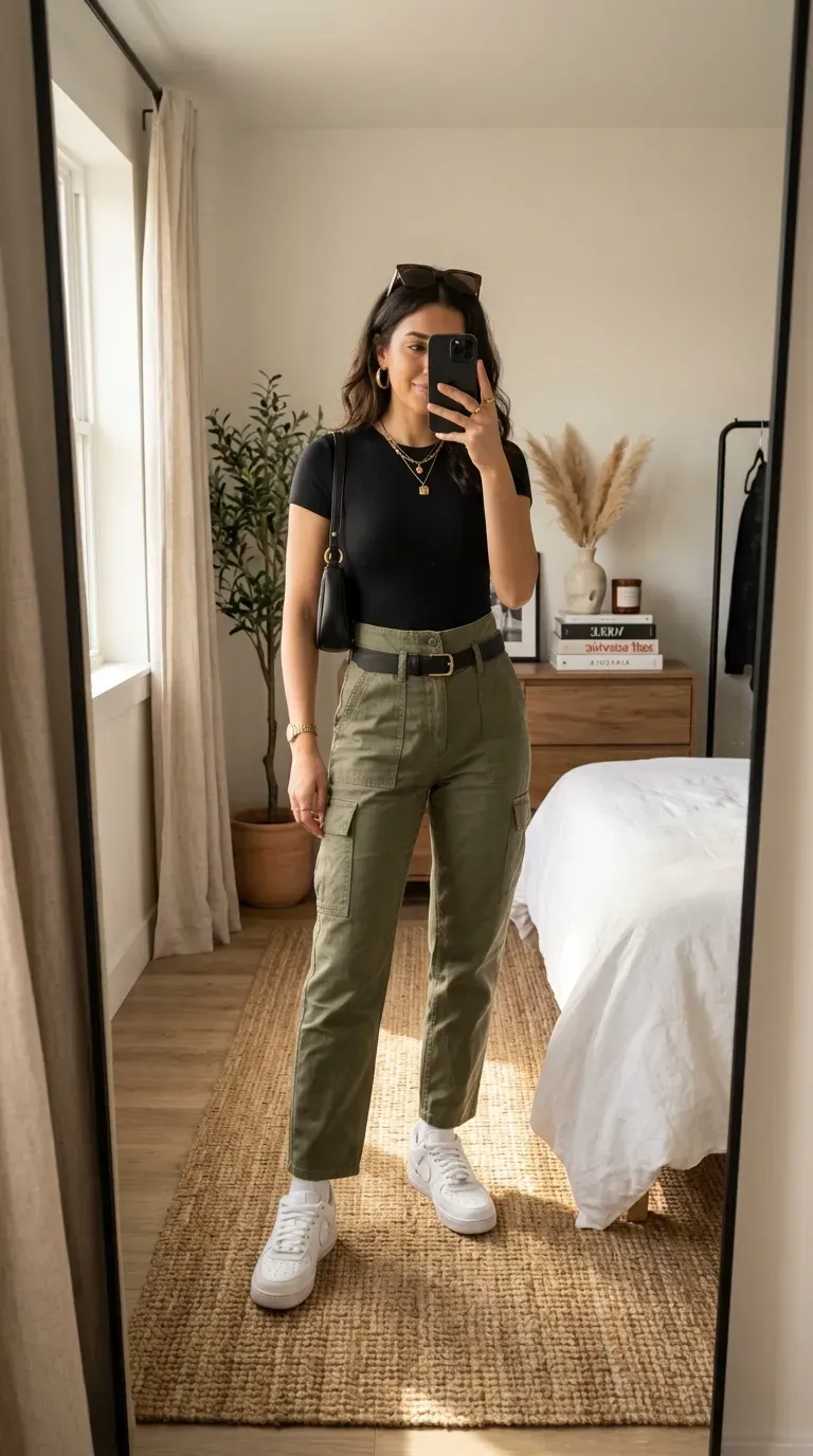 How to Dress Like a Baddie: 7 Outfit Ideas for a Confident and Stylish Look 4 Woman wearing a black bodysuit with cargo pants for a trendy baddie outfit.