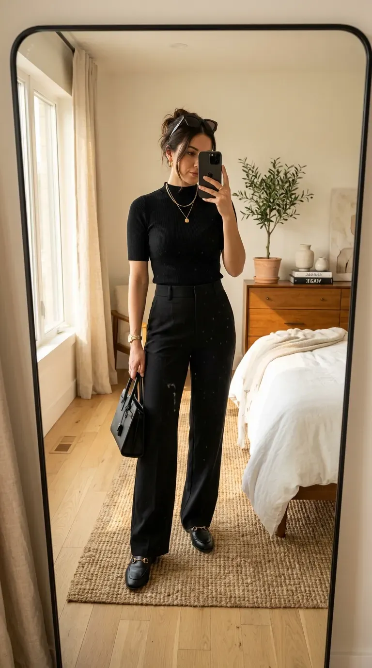 How to Dress Like a Baddie: 7 Outfit Ideas for a Confident and Stylish Look 7 Woman wearing a monochrome black outfit with tailored trousers for a classy baddie look.