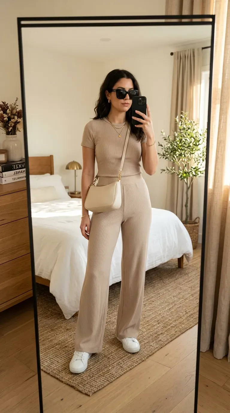 How to Dress Like a Baddie: 7 Outfit Ideas for a Confident and Stylish Look 3 Woman wearing a neutral lounge set with white sneakers for a trendy baddie outfit.