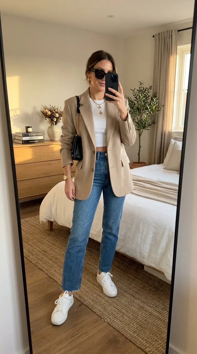 How to Dress Like a Baddie: 7 Outfit Ideas for a Confident and Stylish Look 2 Woman wearing an oversized blazer with a crop tee and straight-leg jeans for a chic baddie outfit.