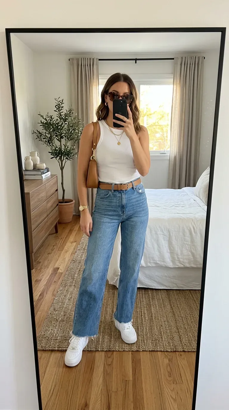 How to Dress Like a Baddie: 7 Outfit Ideas for a Confident and Stylish Look 6 Woman wearing a white ribbed tank with wide-leg jeans for a stylish baddie outfit.