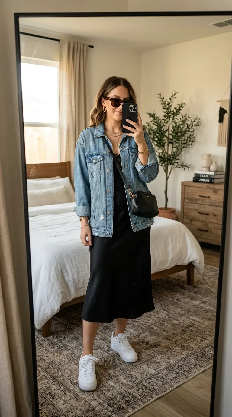 How to Dress Like a Baddie: 7 Outfit Ideas for a Confident and Stylish Look 5 Woman wearing a satin slip dress with an oversized denim jacket for a chic baddie outfit.