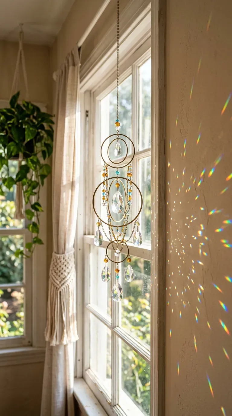 12 Aesthetic Craft Night Ideas for a Dreamy Evening 8 Delicate beaded suncatcher with crystal prisms hanging in a window