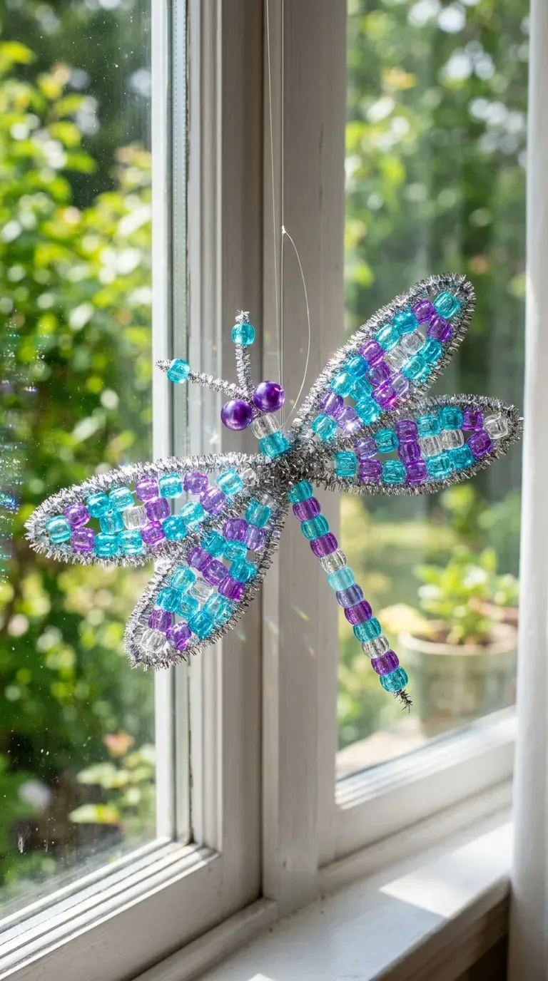 sparkly beaded pipe cleaner dragonfly with translucent blue beads hanging near window