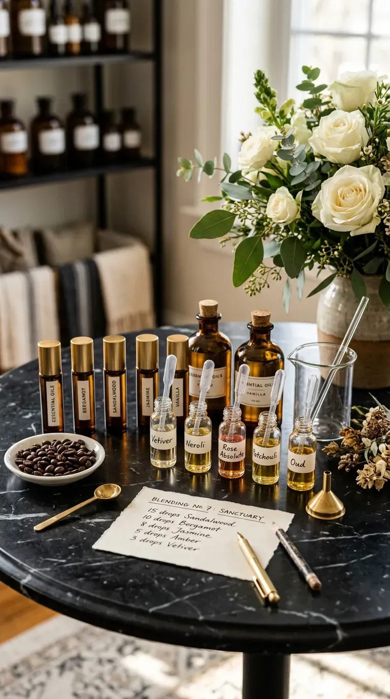 12 Aesthetic Craft Night Ideas for a Dreamy Evening 7 Glass perfume rollerballs and essential oil droppers on a table