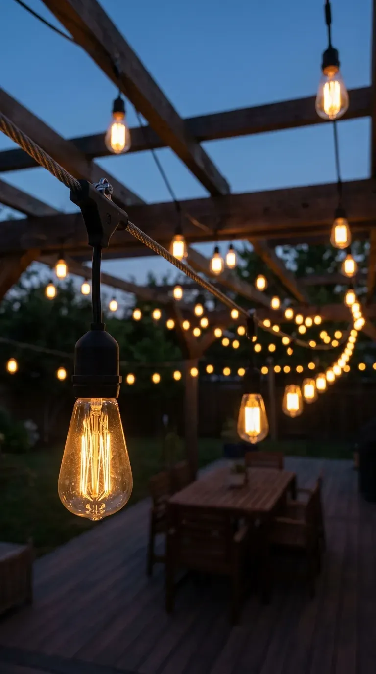 vintage Edison bulb bistro string lights strung in a zigzag over an evening patio