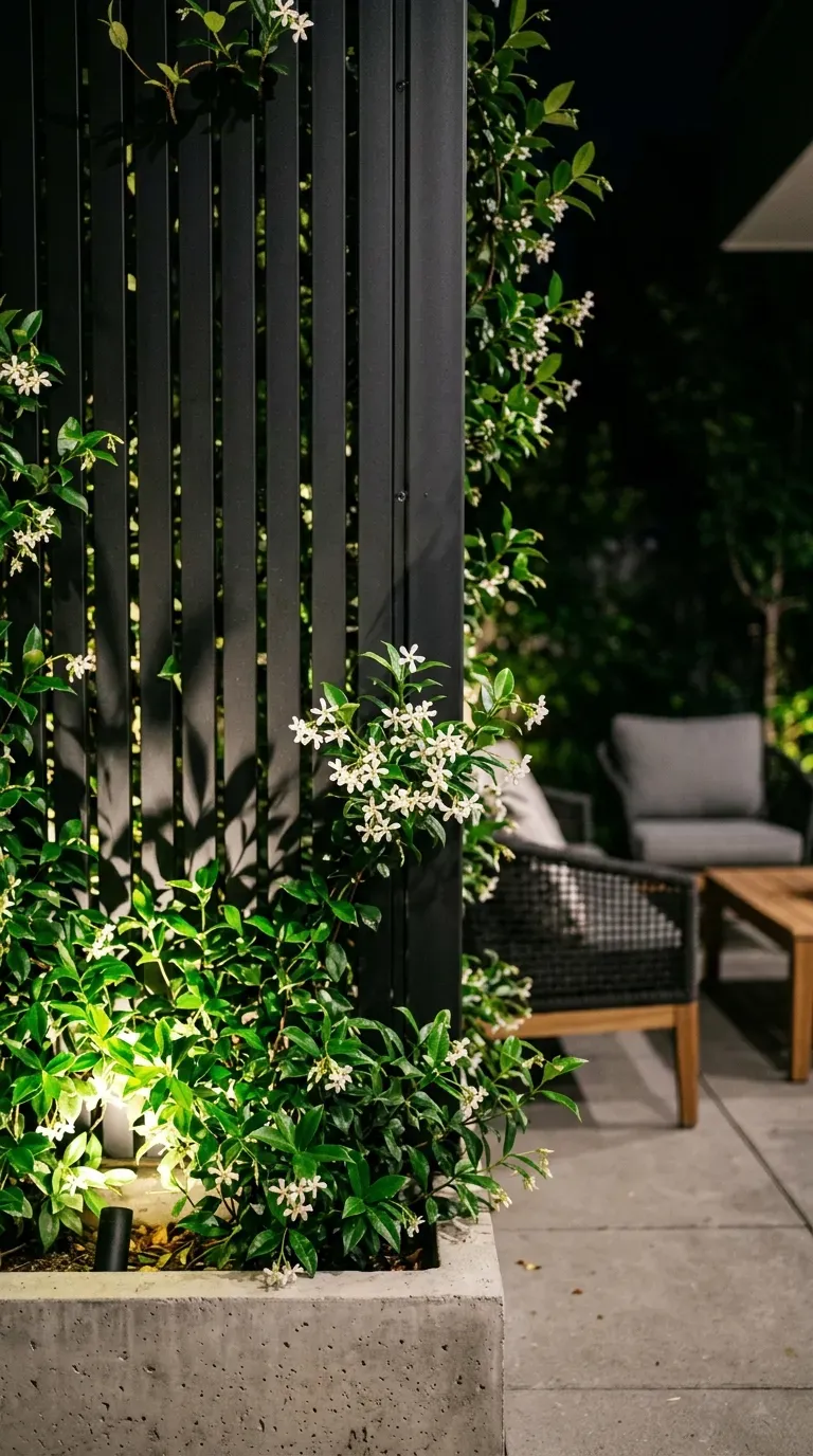 modern black slatted privacy fence with blooming white star jasmine on patio border