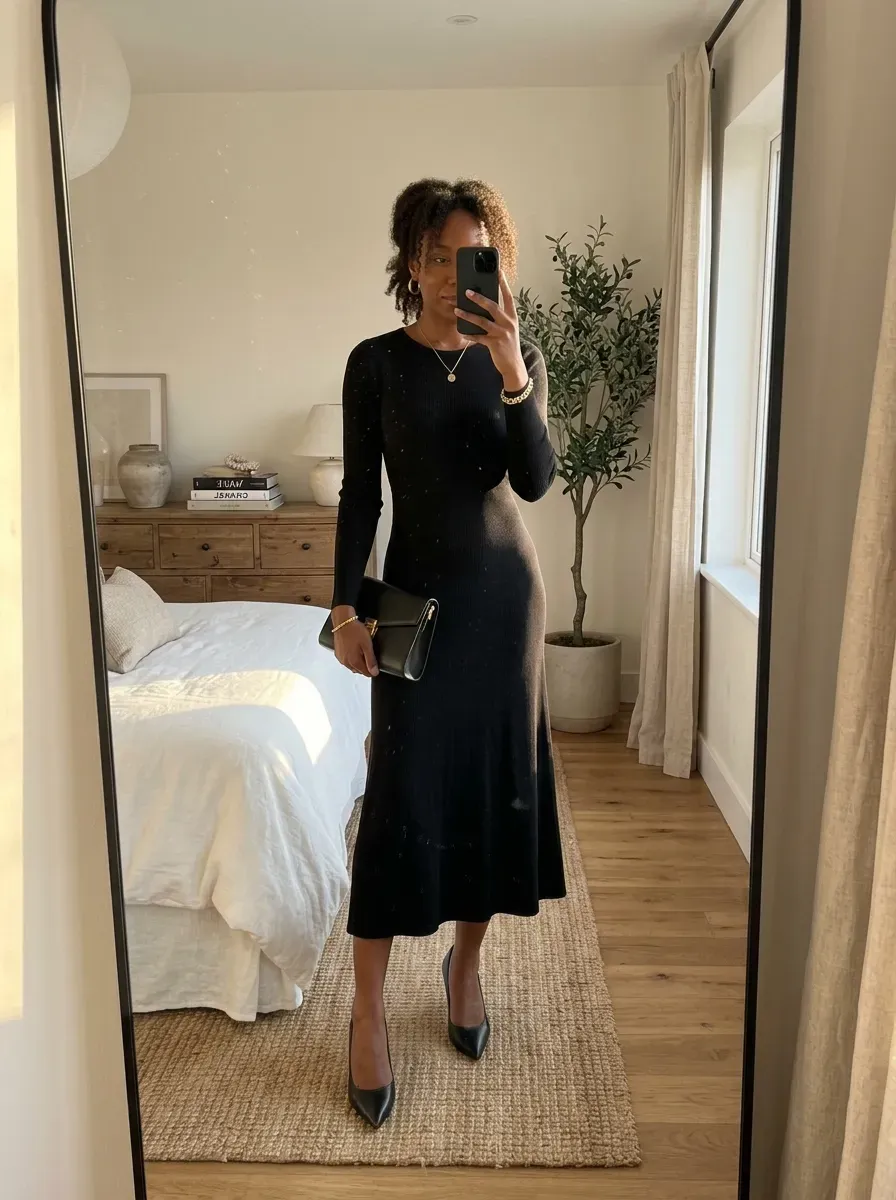 Black woman wearing a black midi dress with gold accessories for a sophisticated evening look.