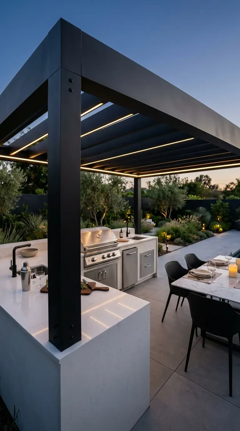 modern black aluminum pergola sheltering an outdoor kitchen with integrated glowing LED strips