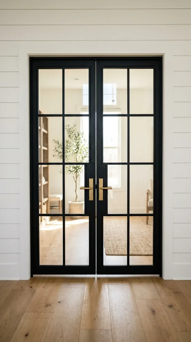 interior matte black steel frame glass doors set against white horizontal shiplap