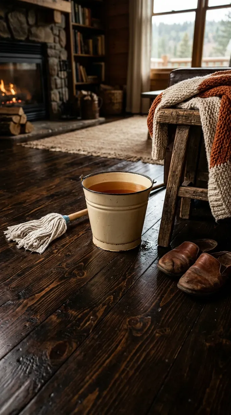 Steaming pot of black tea next to a mop on dark wood floors