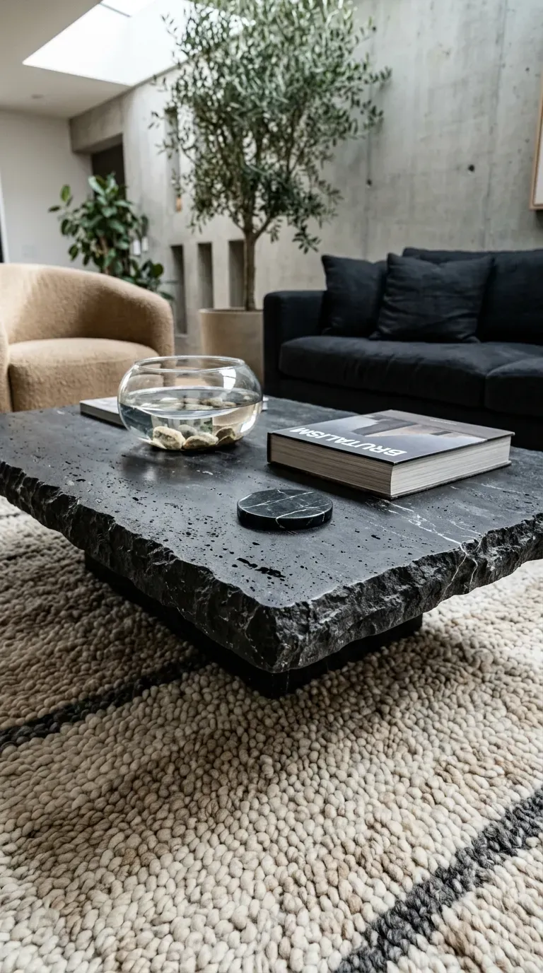 10 Trending Bold Home Decor Pieces to Style in 2026 6 sculptural black travertine coffee table with raw edges on a light neutral rug