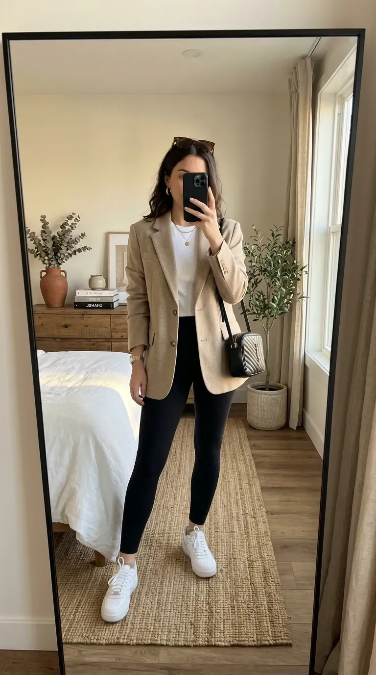 Woman wearing a tailored blazer with black leggings and white sneakers for a chic casual look.