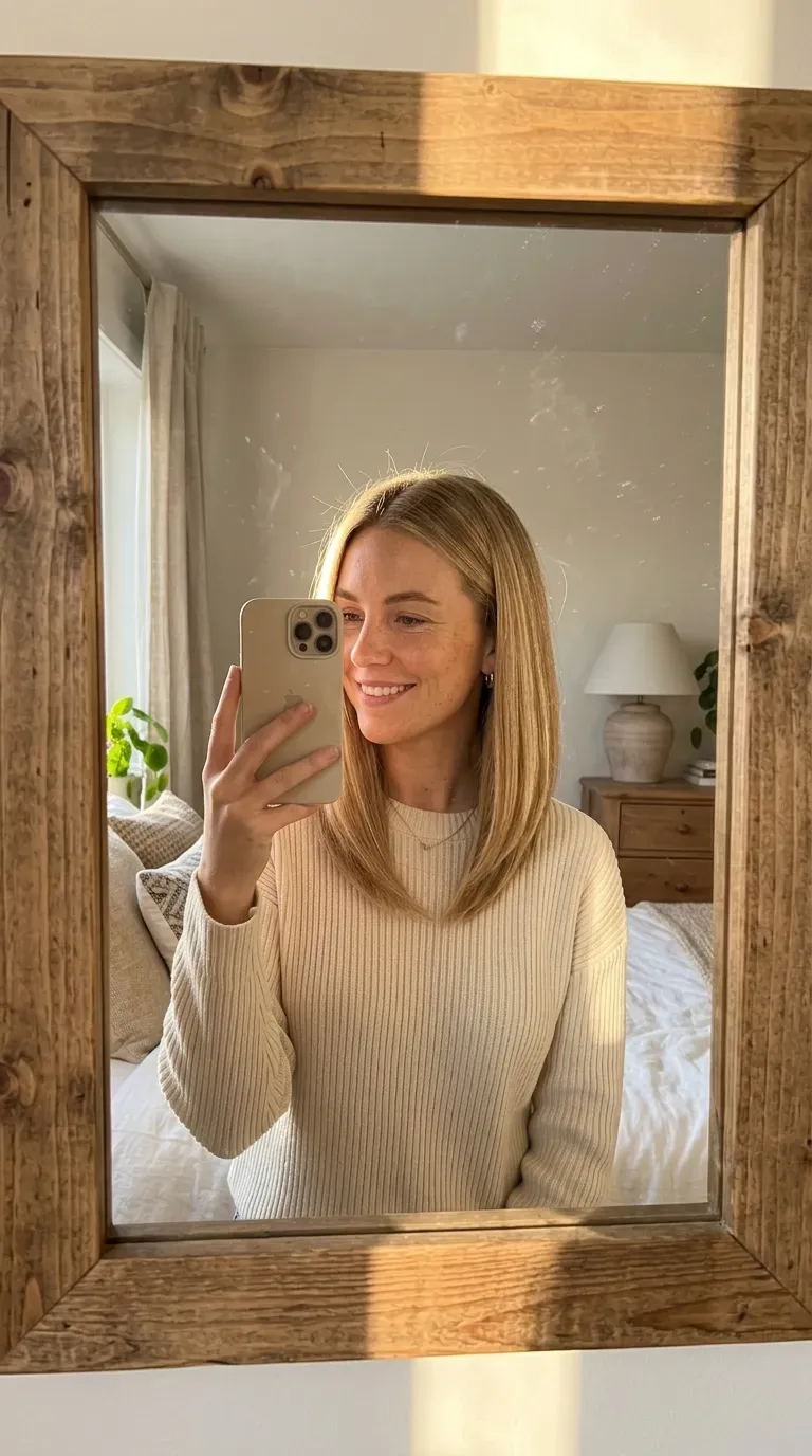Woman taking an iPhone mirror selfie showing a dimensional blonde long angled bob with sleek front pieces.