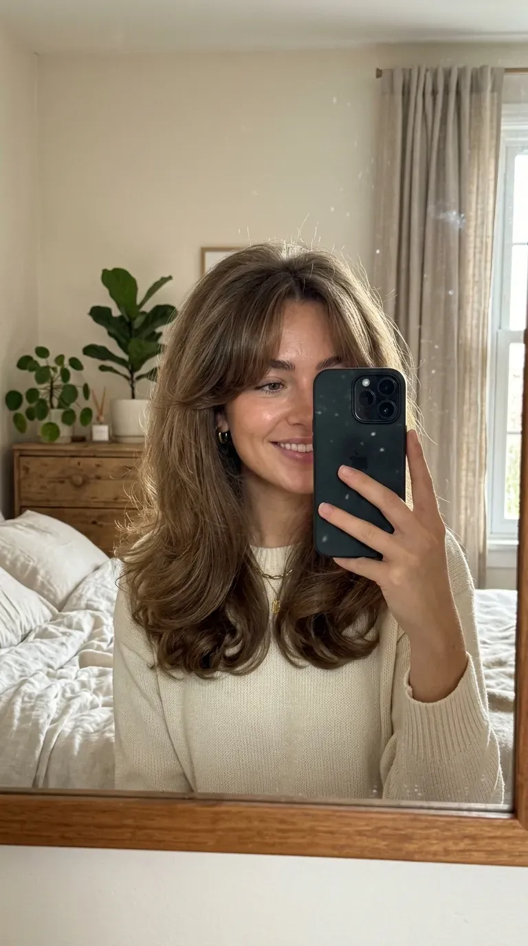 Woman taking an iPhone mirror selfie showing a voluminous blowout with soft curtain bangs.