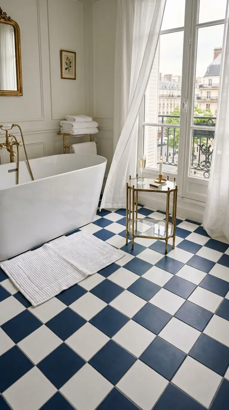 15 Genius Blue Tile Bathrooms You Need to Try 16 Classic diagonal blue and white checkerboard tile bathroom floor