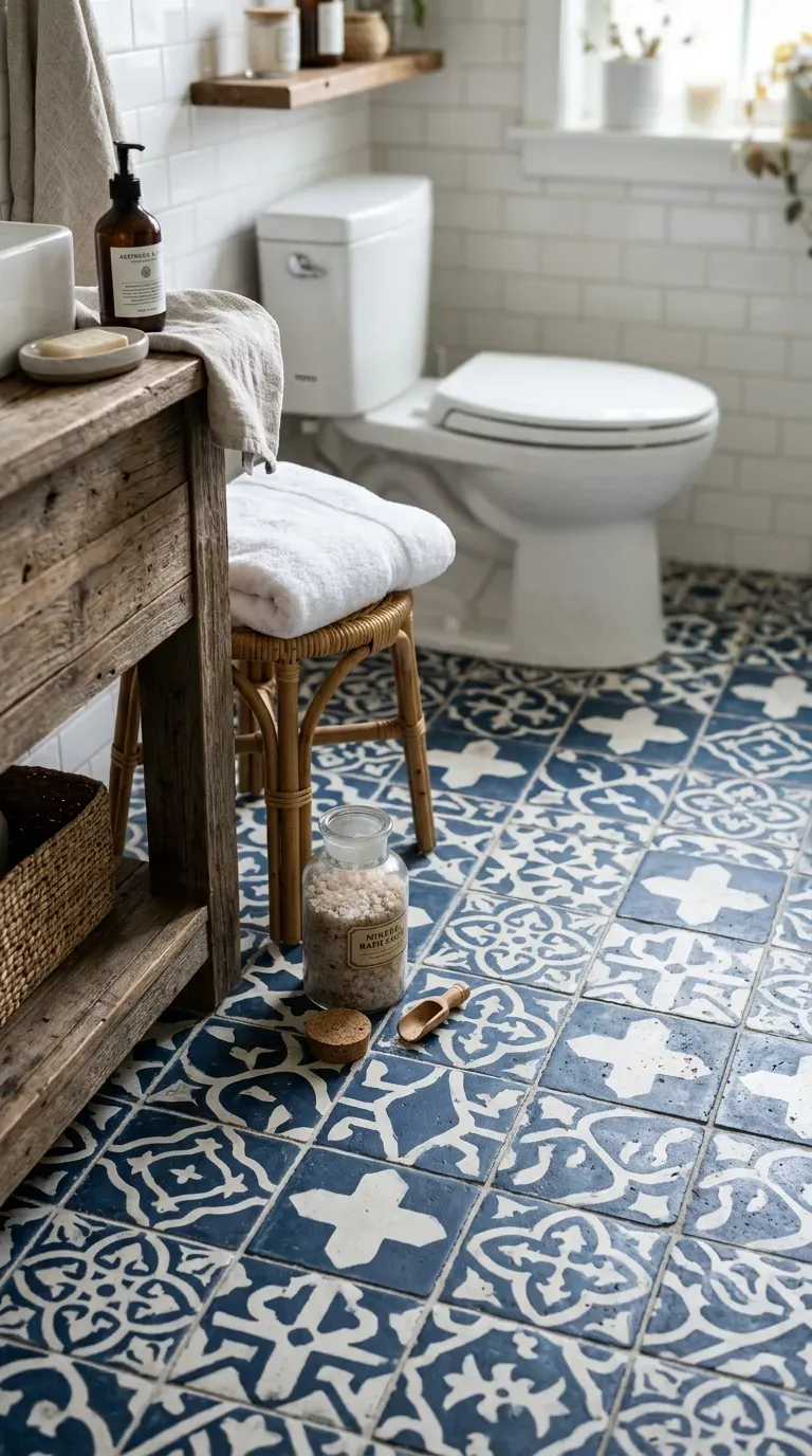 15 Genius Blue Tile Bathrooms You Need to Try 12 Intricate deep blue and white Moroccan patterned cement floor tiles