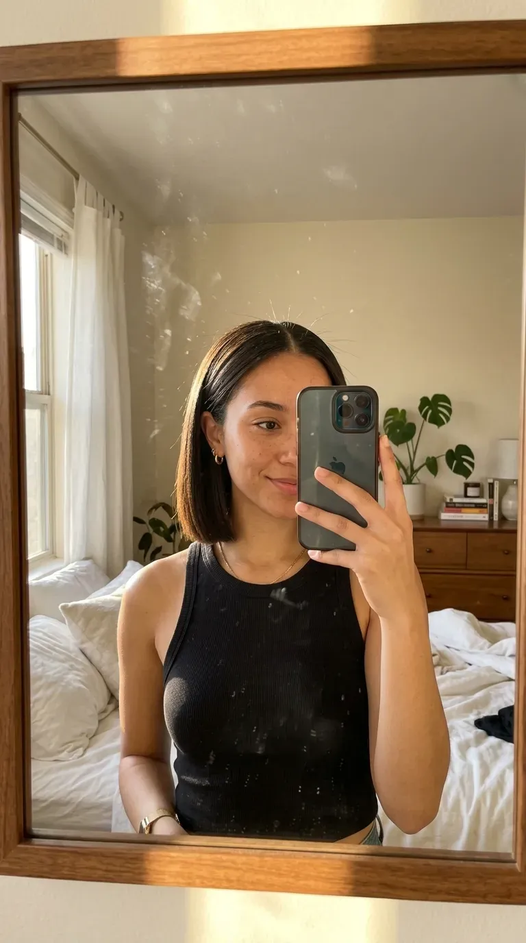11 Short Silk Press Hairstyles That Look Sleek, Chic, and Effortlessly Polished 9 Woman taking an iPhone mirror selfie showing her precise blunt short silk press bob.