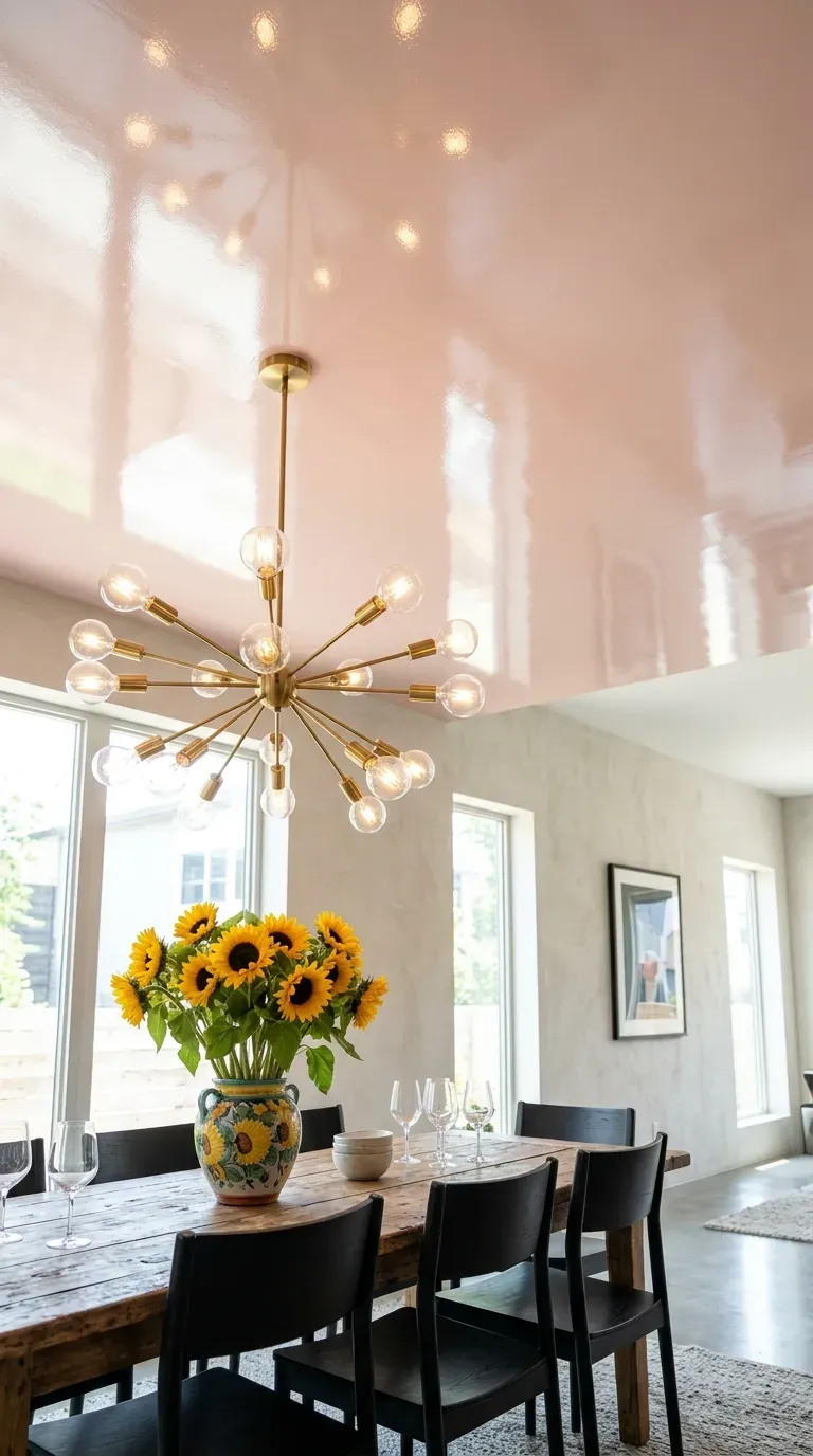 Soft blush pink high-gloss painted ceiling in a modern dining room