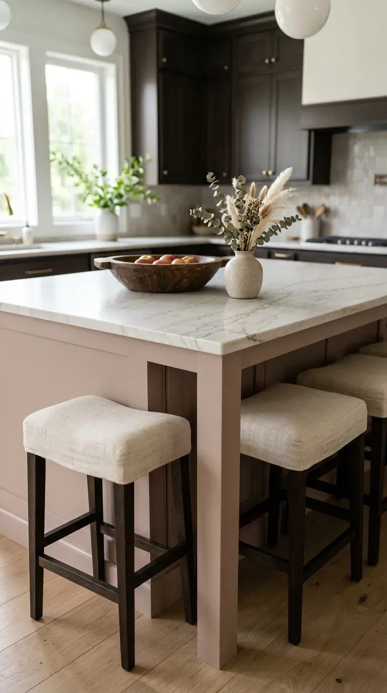 10 Modern Kitchen Color Ideas That Are Trending for 2026 9 soft blush taupe painted kitchen island with dark espresso cabinets in background
