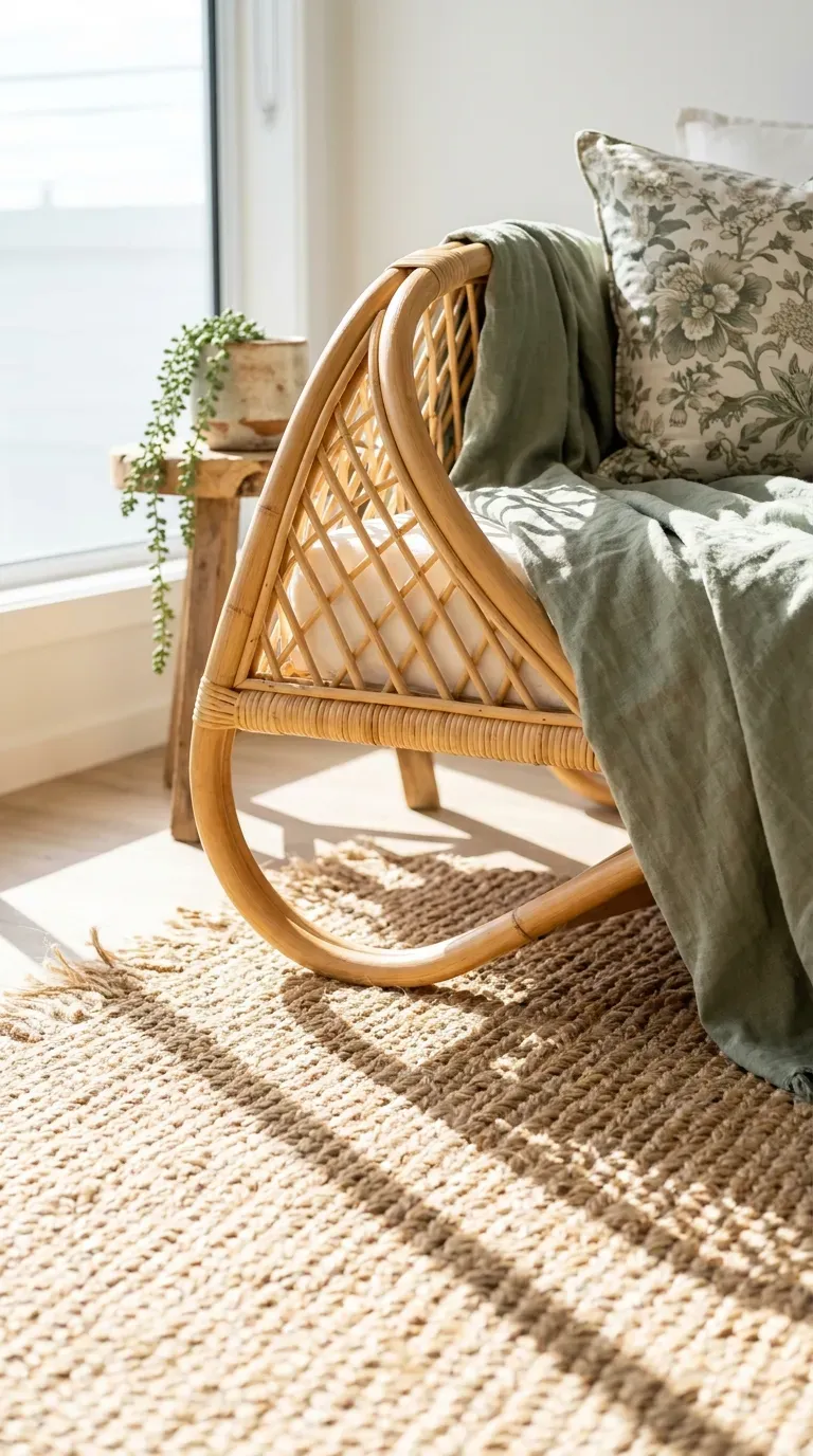 curved vintage rattan daybed styled with coastal pillows on a braided jute rug