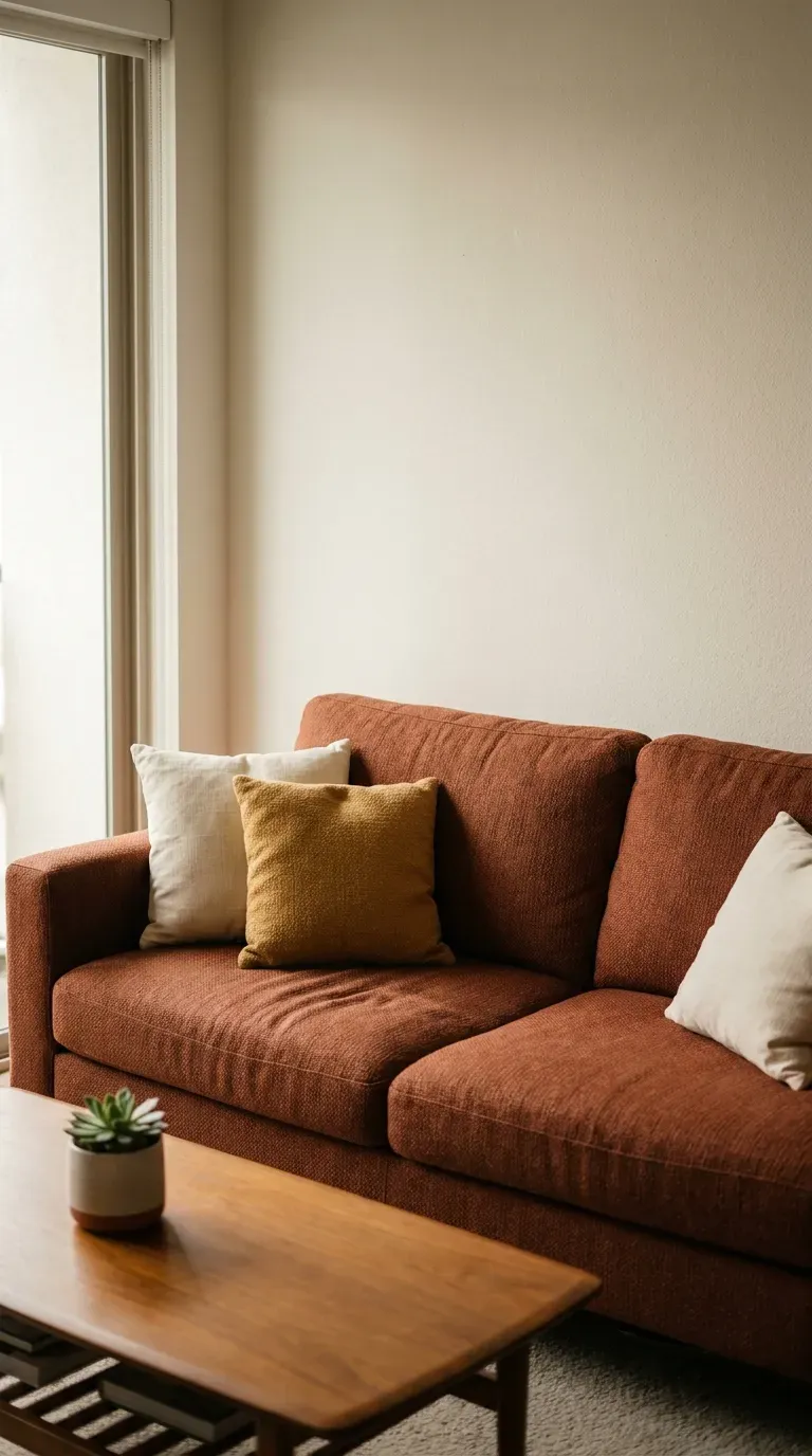 deep terracotta sofa styled with neutral throw pillows in a bright living room