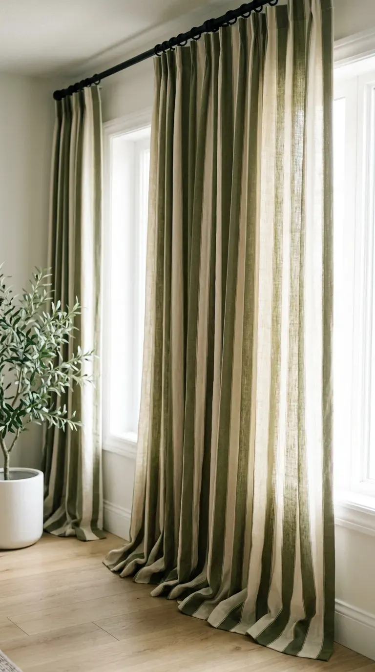 10 Trending Bold Home Decor Pieces to Style in 2026 11 wide olive green and cream striped linen curtains hanging from ceiling in living room