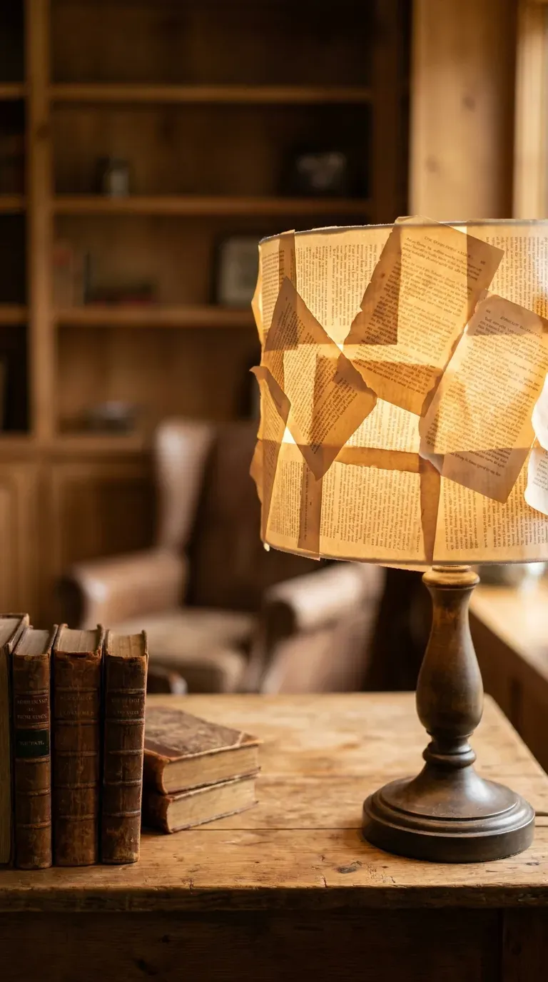 11 Creative DIY Lampshades That Look Store-Bought 7 lampshade covered in overlapping vintage book pages in a study setting