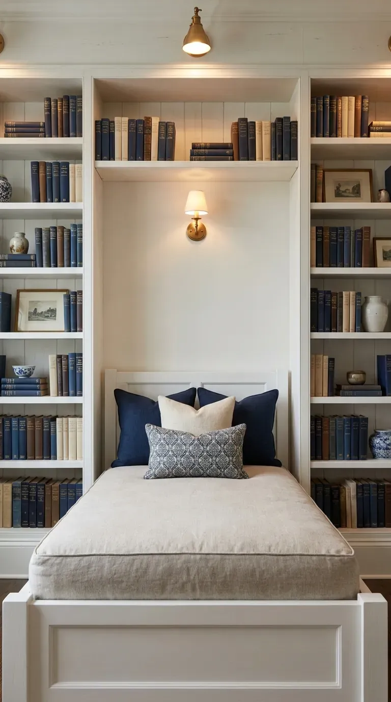 daybed nestled symmetrically between two tall white bookcases filled with books
