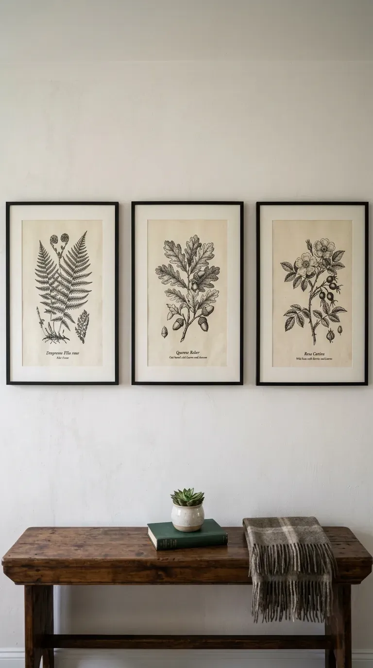 trio of vintage botanical illustrations framed in slim modern black metal frames