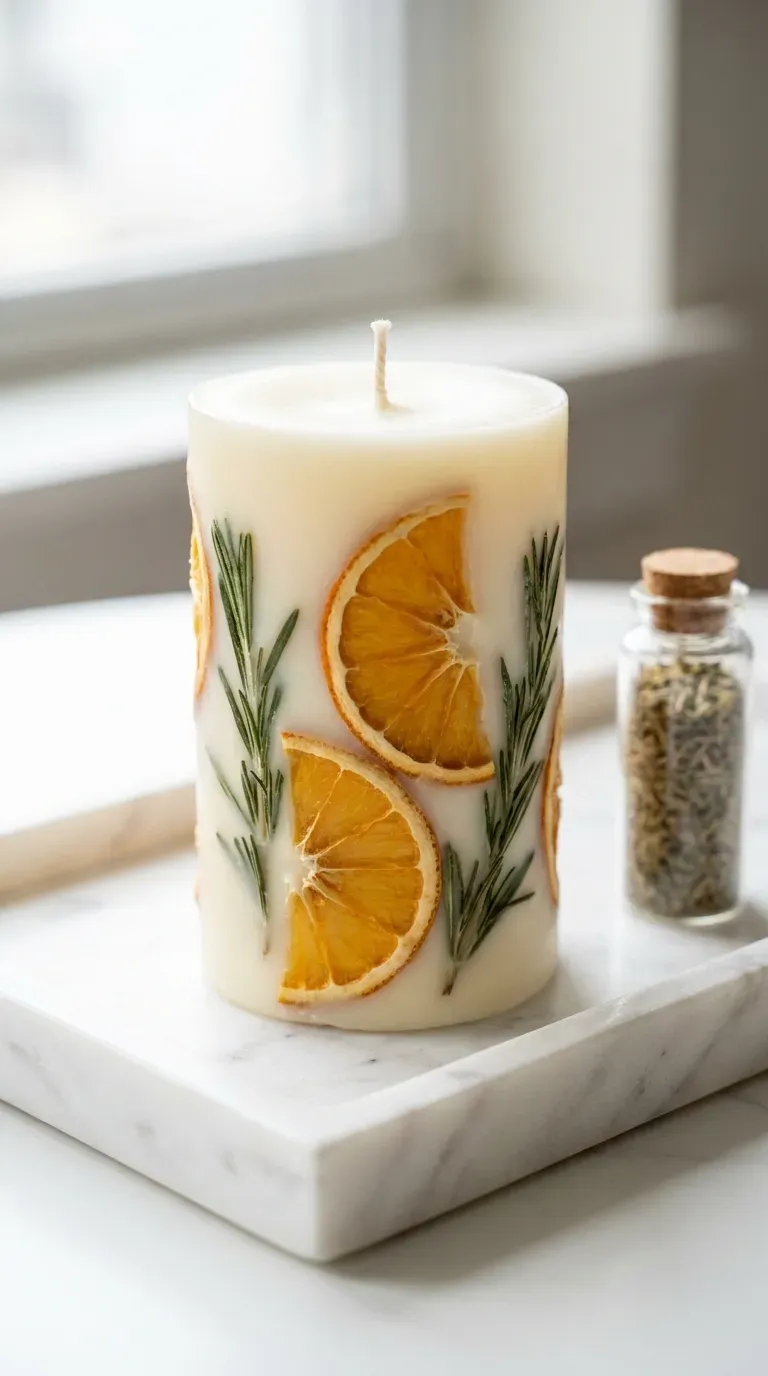 10 Modern DIY Soy Candle Ideas That Are Big in 2026 5 handmade soy pillar candle embedded with dried botanicals and orange slices