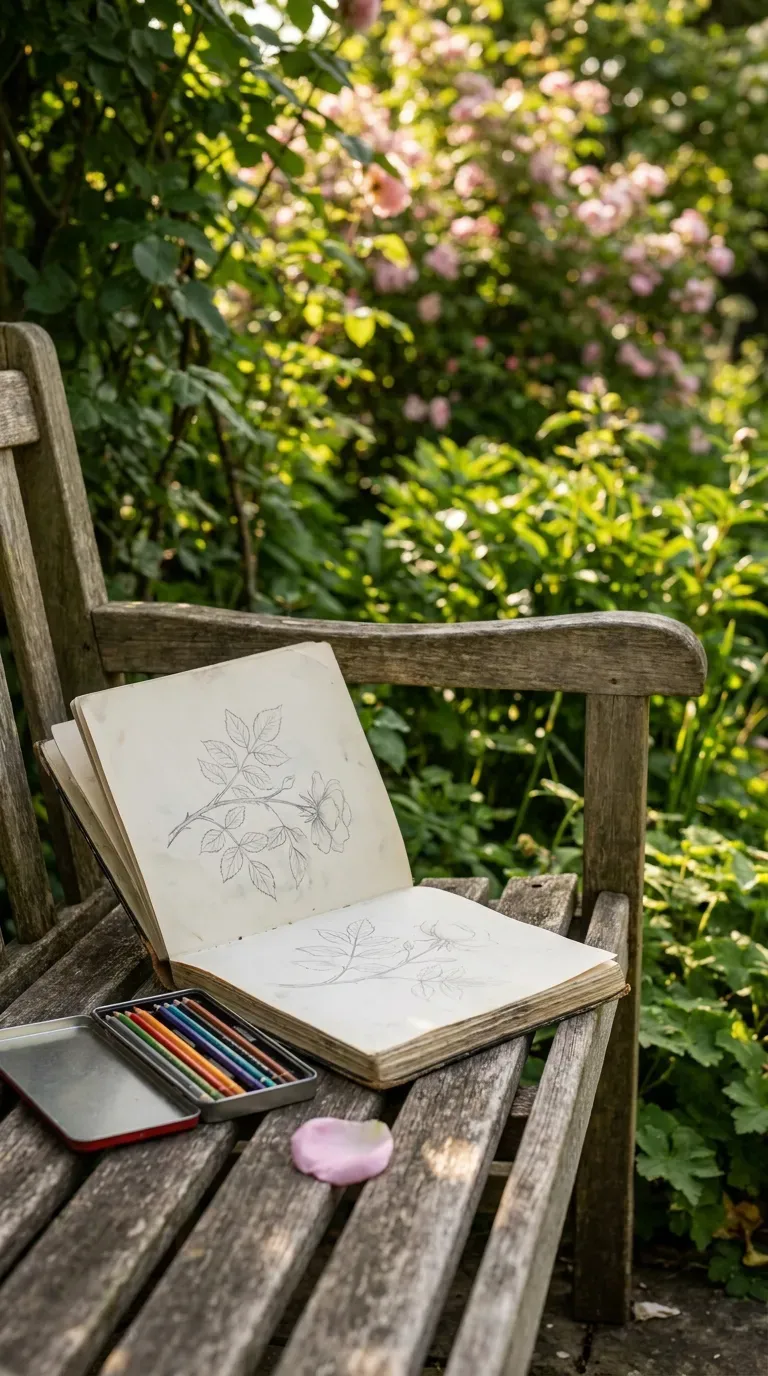 13 Craft Outing Ideas Every Maker Will Love 6 open sketchbook and colored pencils resting on a garden bench among plants