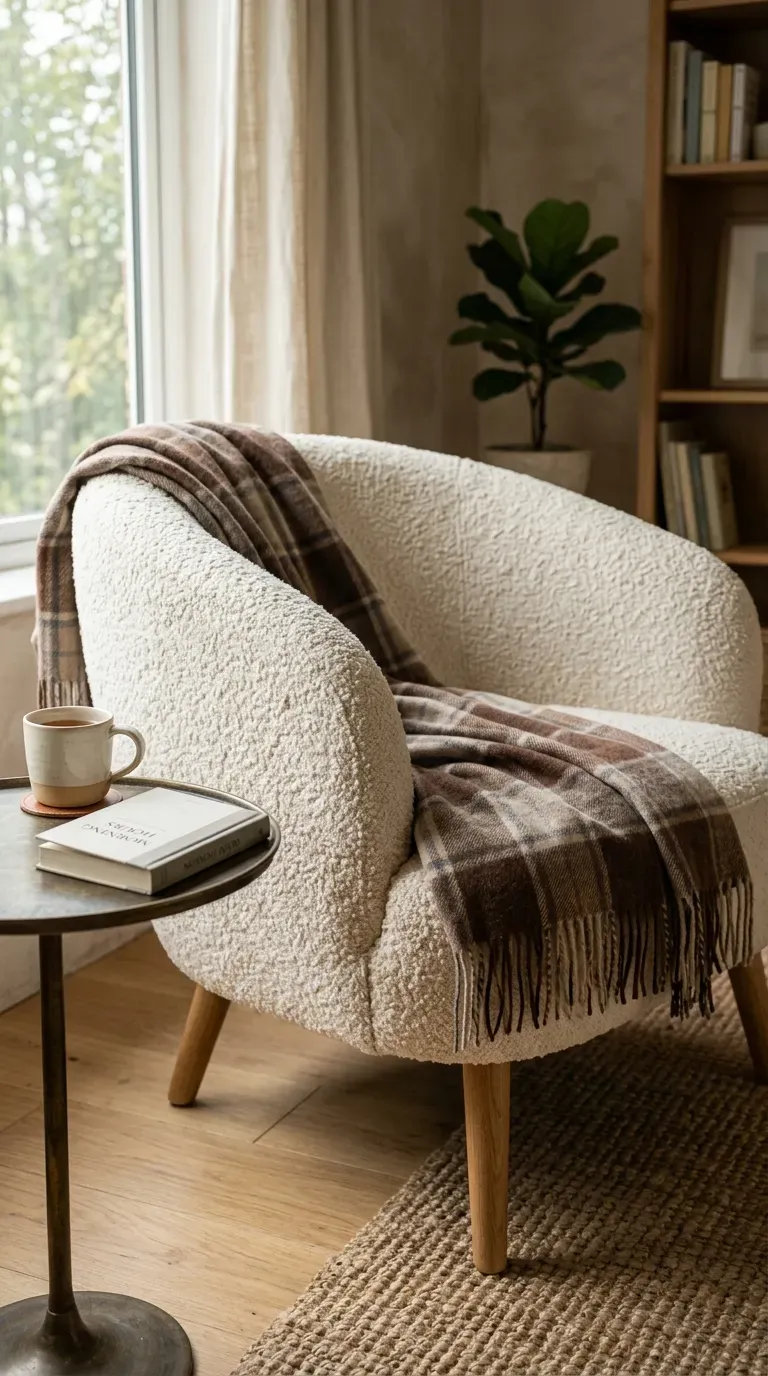 curved cream bouclé accent chair styled with a classic plaid wool throw blanket