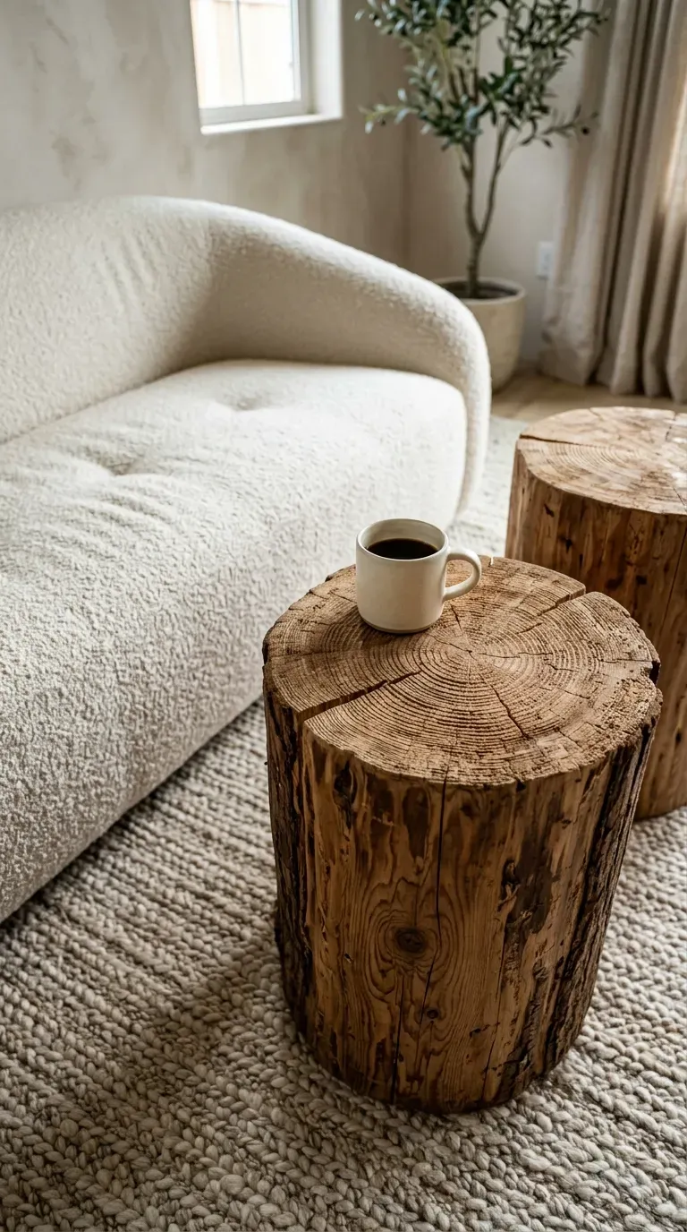 creamy bouclé upholstered sofa paired with two solid hand hewn wooden stump stools
