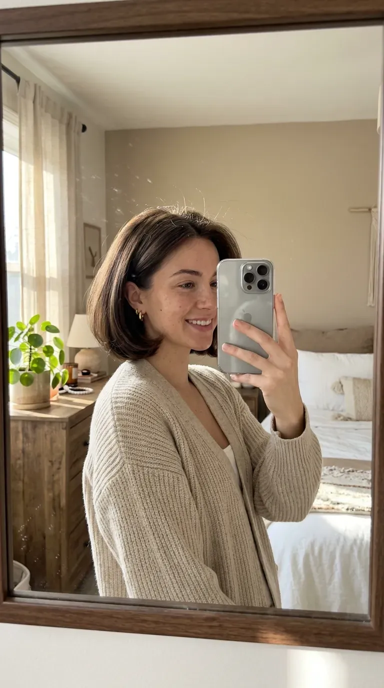 Woman taking an iPhone mirror selfie showing her short bouncy blowout bob with rounded ends.