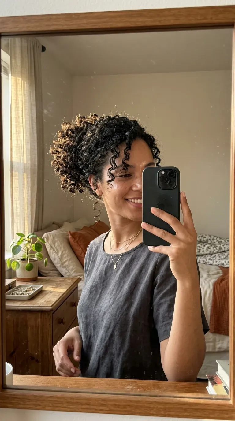 Woman taking an iPhone mirror selfie showing a short braided updo with delicate face-framing pieces.