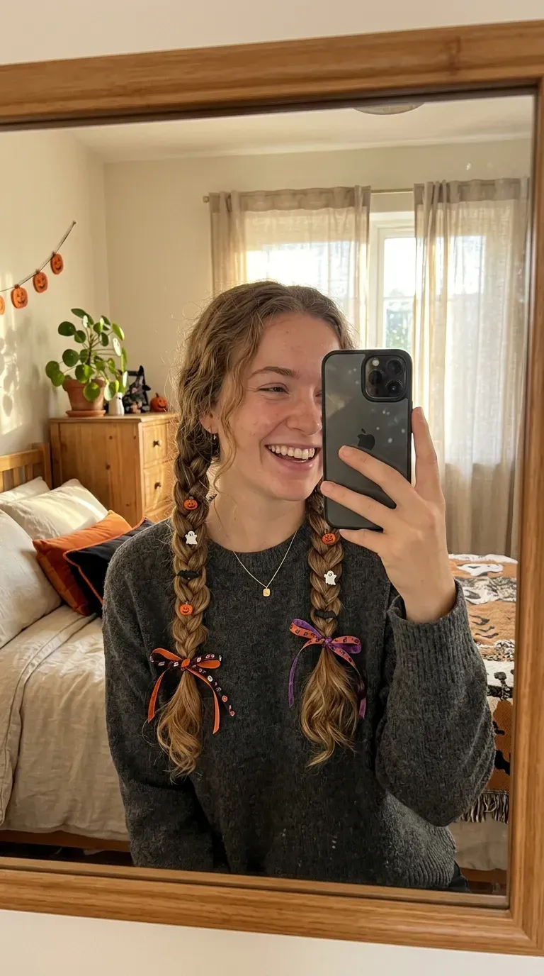 Woman taking an iPhone mirror selfie showing braided pigtails decorated with colorful Halloween ribbons.