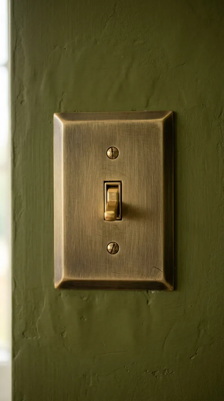 brushed brass architectural light switch plate on a textured plaster wall