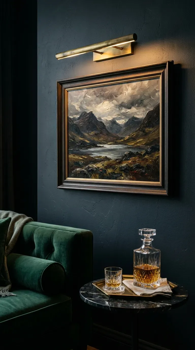 Unlacquered brass picture light illuminating a moody landscape painting