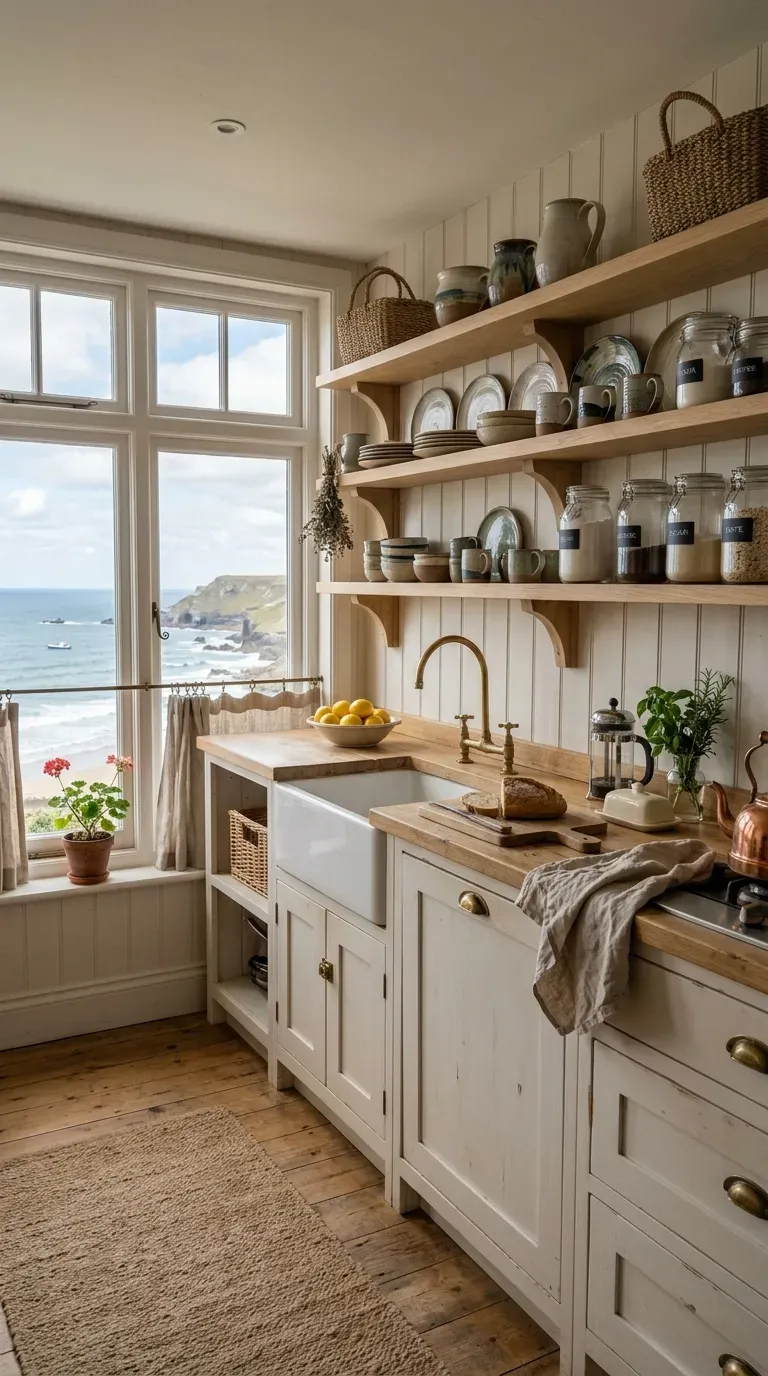 Coastal Cottage Design: 10 Stylish Ideas to Create a Relaxed Seaside Home 7 Bright coastal cottage kitchen with white cabinets wood countertops and natural seaside details.